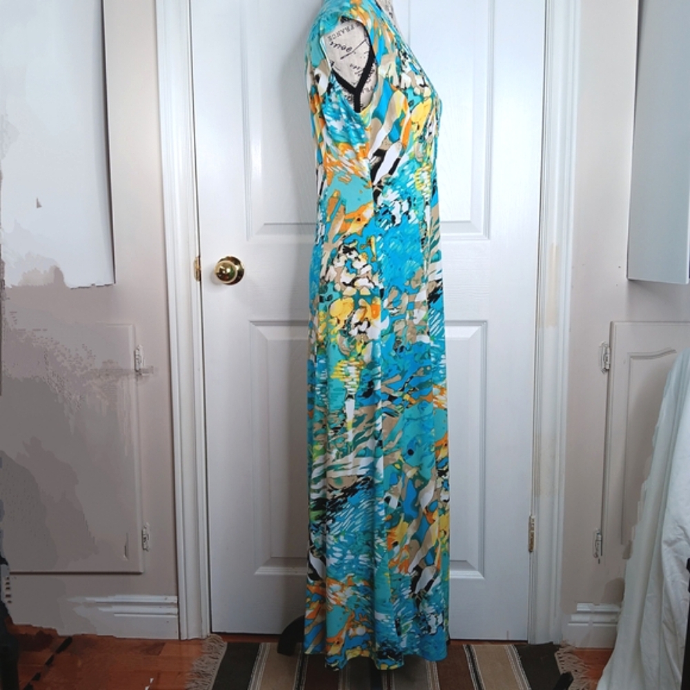 TanJay Sleeveless Ruched Maxi Dress Size 8 Teal Mulyi-Color Summer Party - Picture 11 of 13